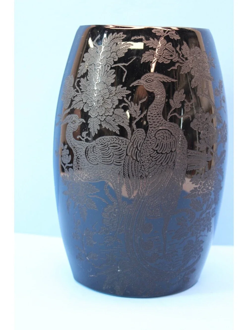 Vtg Asian Peacock & Rose Nora Bird Reverse Black/Ebony Porcelain Etched Vase 8x6